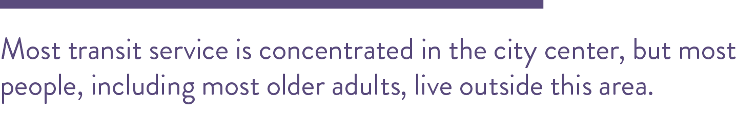 Most transit service is concentrated in the city center, but most people, including most older adults, live outside this area.